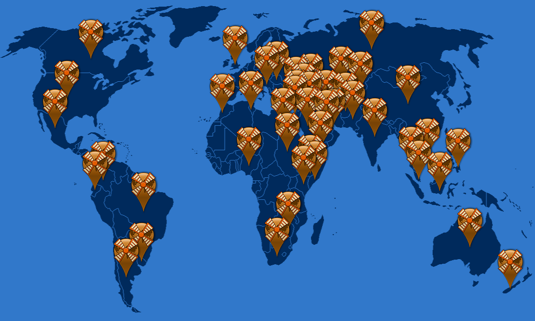 Een wereldkaart die de meer de veertig landen toont waar leerlingen van Nederles vandaan komen.